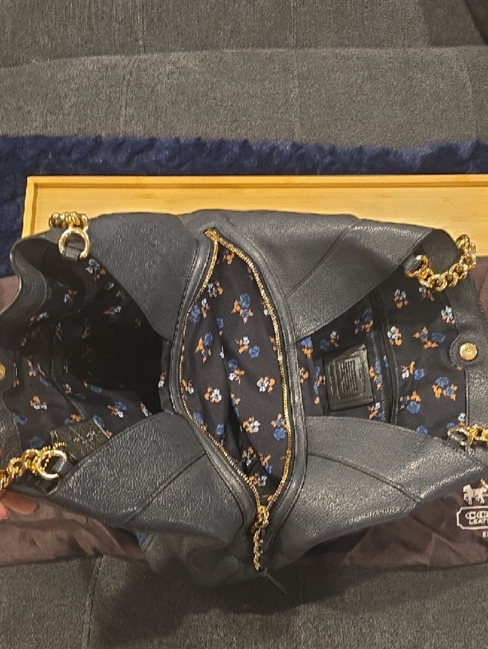Coach Denim & Black Leather Shoulder Tote with Gold Chain Straps - Picture 3 of 6